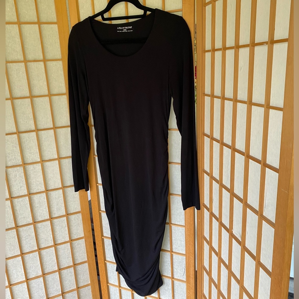 A Pea In The Pod Basic Black Stretch Rouched Long Sleeve Dress SZ M - Picture 5 of 10